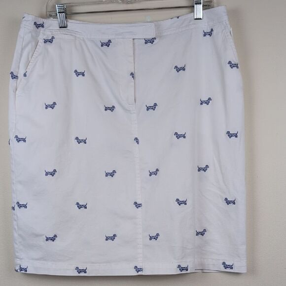Talbots White Cotton Pencil Skirt Blue Embroidered Dachshund Dog Print Size 14 - Picture 9 of 9